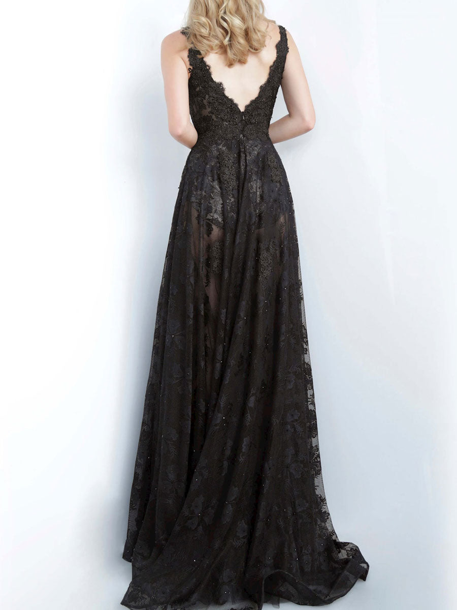 Black Mesh See-Through Lace Embroidered Sleeveless Prom Dress