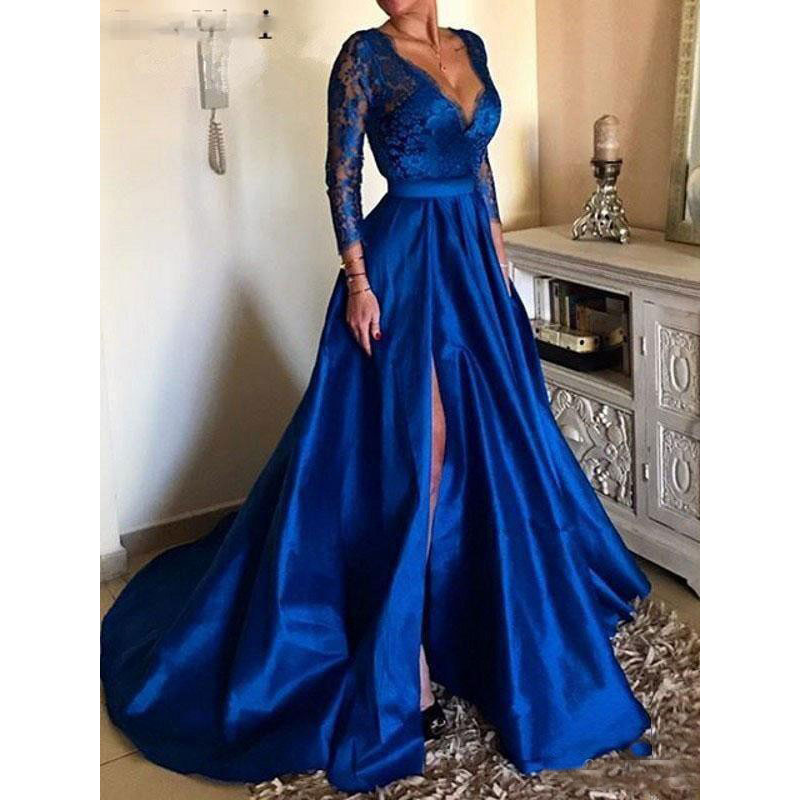 Blue Satin Lace Embroidered Evening Dress