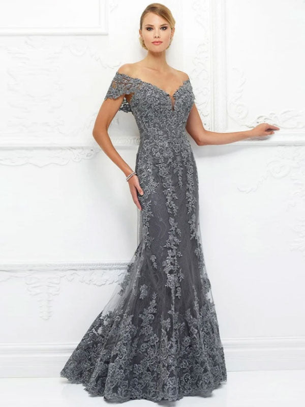 Gray Lace V-Neck Off-The-Shoulder Mermaid Bridesmaid Dress