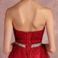 Red Rhinestones Pleated Strapless Tulle Prom Dress