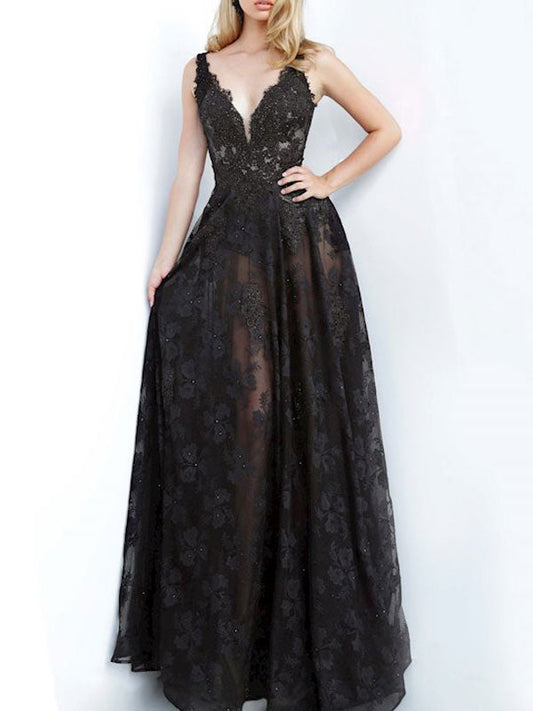 Black Mesh See-Through Lace Embroidered Sleeveless Prom Dress