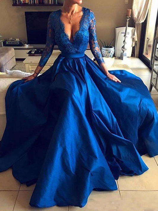 Blue Satin Lace Embroidered Evening Dress