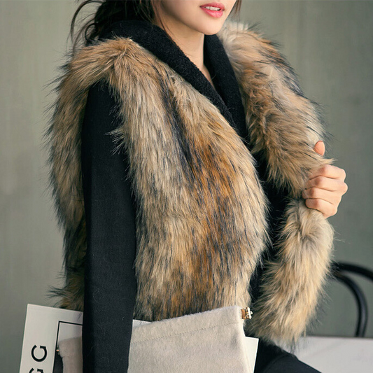 Women Sleeveless Camel Faux Fur Vest