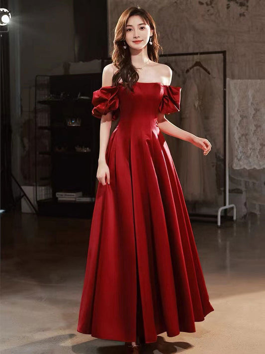 Red Matte Satin V-Neck Floor-Length Party Dress