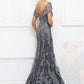 Gray Lace V-Neck Off-The-Shoulder Mermaid Bridesmaid Dress