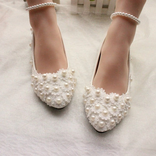 Flat Pearl Embroidered Anklet Bridal Shoes