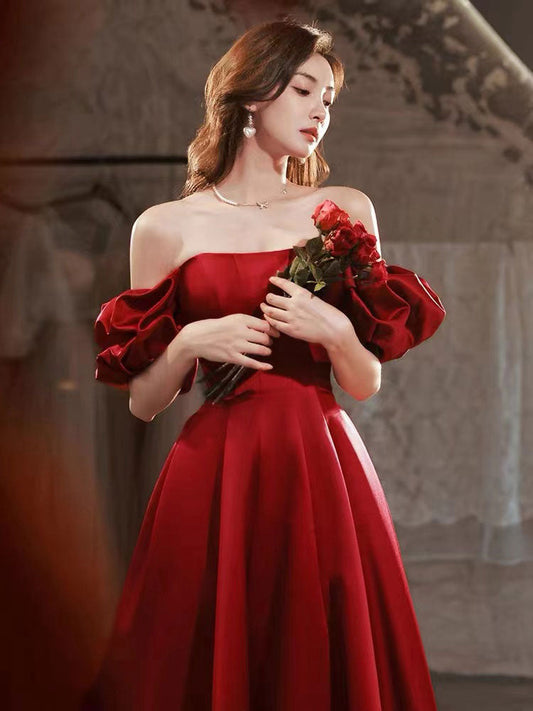 Red Matte Satin V-Neck Floor-Length Party Dress