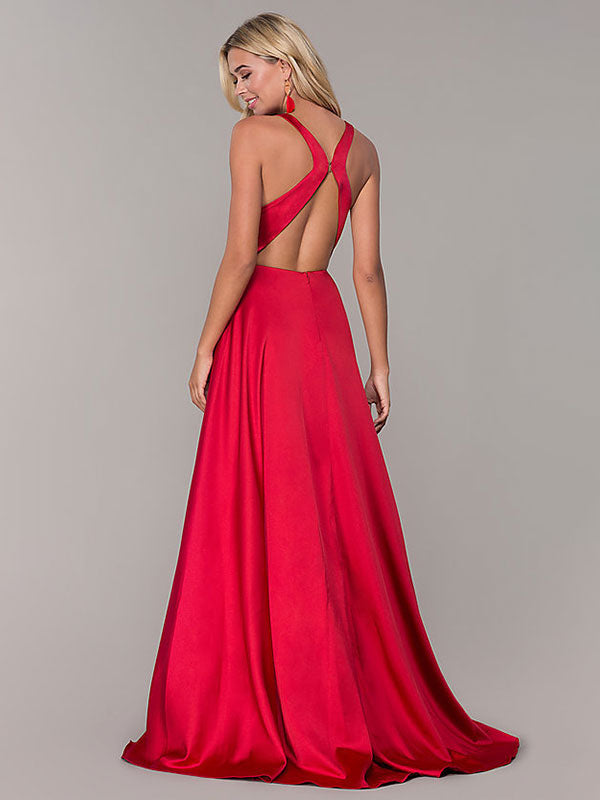 Crimson Deep V-Neck Sleeveless Split Front Formal Evening Dress