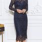 Navy Lace Bateau Neck Long Sleeves Knee-Length Wedding Guest Dress