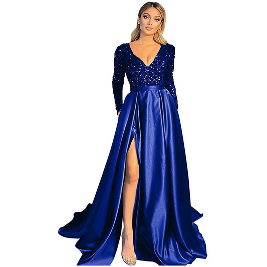 Sequin Deep V Neck Long Sleeves Slit Evening Dress