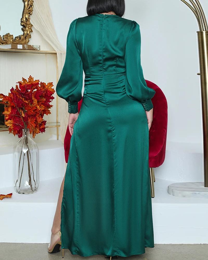 Green V Neck Thigh High Split Evening Dress