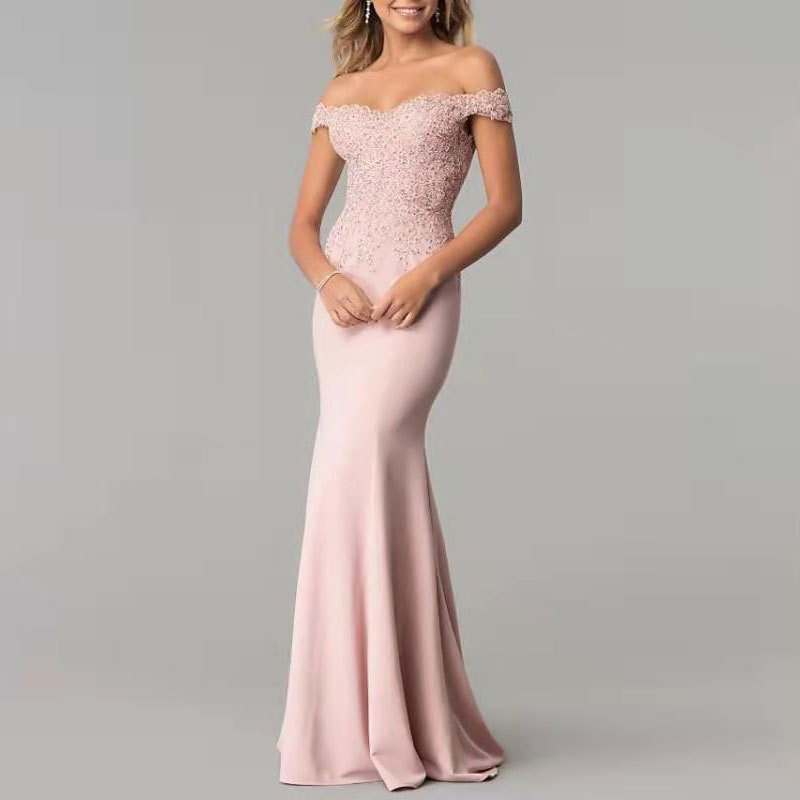 Pink Off-Shoulder Fishtail Bridesmaid Dress