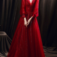 Dark Red Deep V Neck Long Puff Sleeves Prom Dress