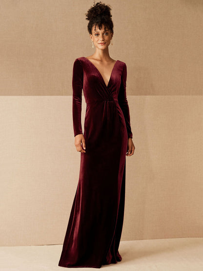 V-Neck Long Sleeve Velour Floor-Length Formal Bridesmaid Dress