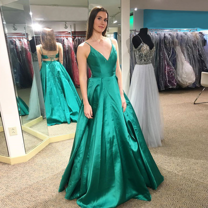 Satin Green Spaghetti Strap Sleeveless Long Evening Dress