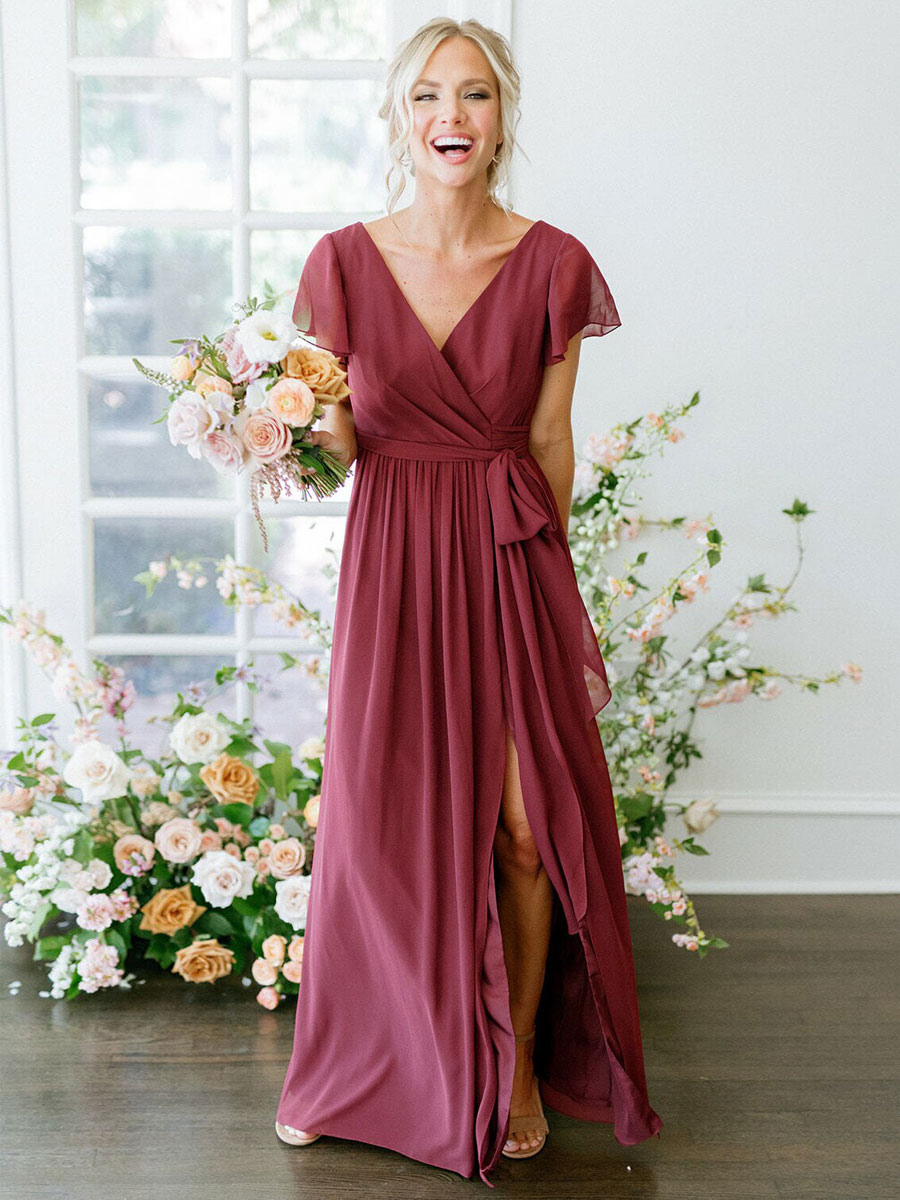 Indian Red V Neck Short Sleeves Slit Bridesmaid Dress