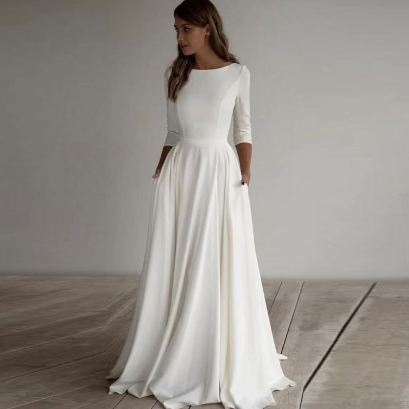 Simple White Full Sleeves Wedding Dress