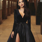 Black Satin Deep V-Neck Long Sleeves Thigh Split Party Dress