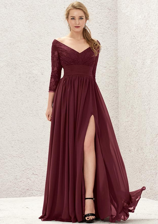 Dark Red Deep V Neck Long Sleeves Slit Long Bridesmaid Dress