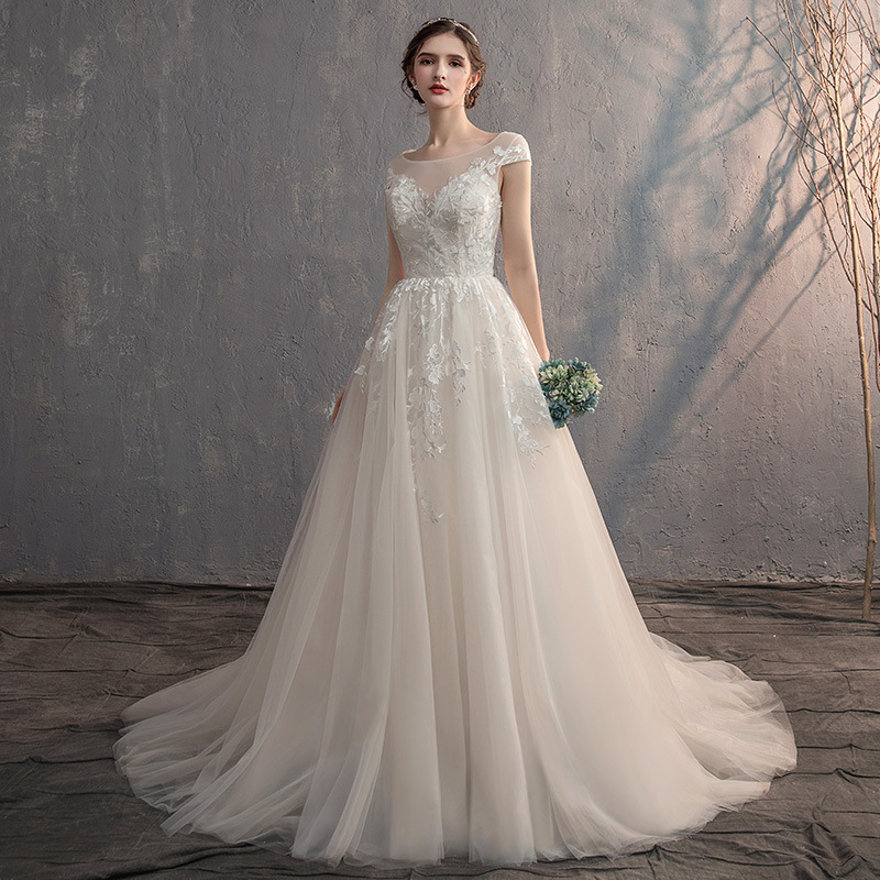 Ivory Round Neck Lace Embroidered Wedding Dress