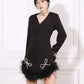 Black V-Neck Long Sleeved Fur Detailing Party Dress