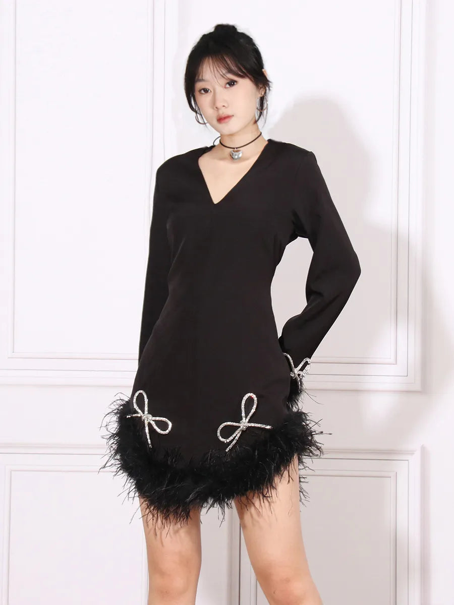 Black V-Neck Long Sleeved Fur Detailing Party Dress