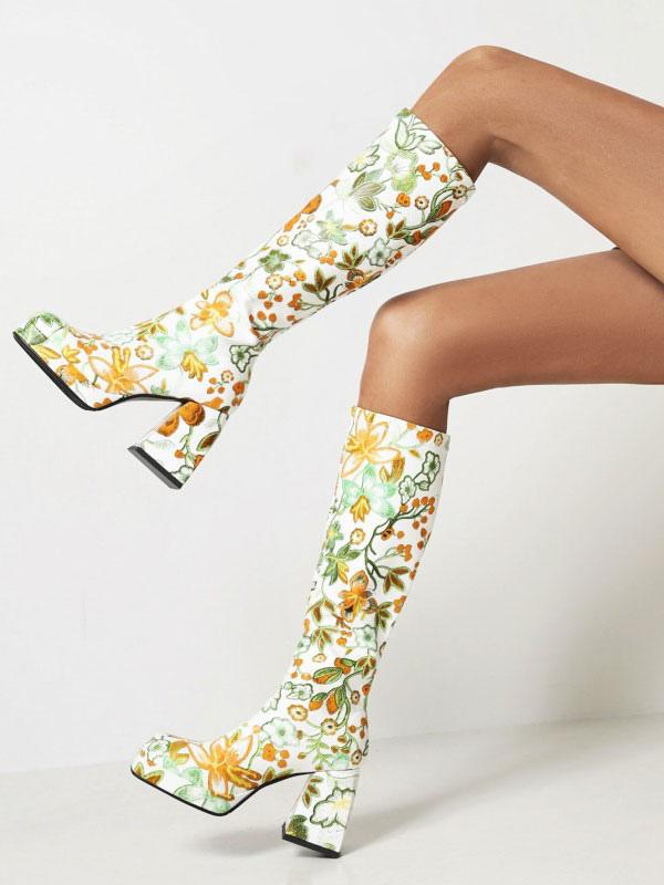 Women's Floral Print Block Heel Platform Knee-High Boots