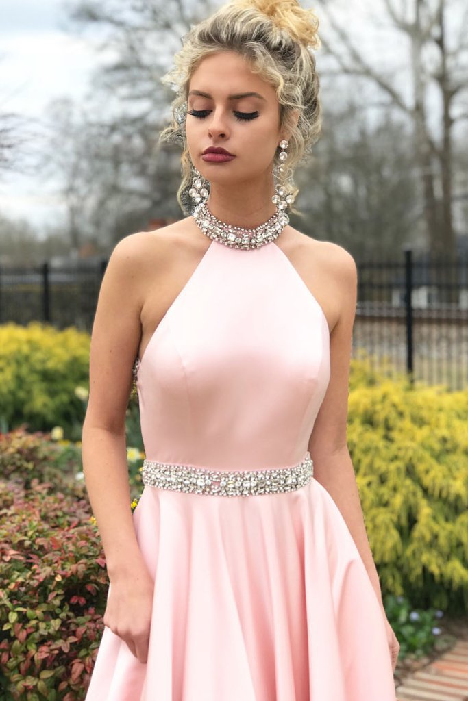 Pink Halter Neck Backless Sleeveless Evening Dress