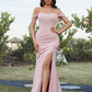 Satin Off-Shoulder Sleeveless Thigh High Split Bridesmaid Dress