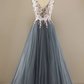 Appliqued Deep V Neck Long Prom Dress