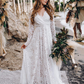 Ivory Lace Deep V Neck Long Sleeves Brush Train Wedding Dress