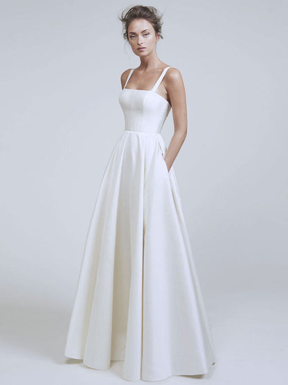 Satin Square Neckline Sleeveless Court Train Vintage Wedding Dress