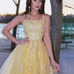 Yellow Appliqued Embroidered Sleeveless Short Evening Dress