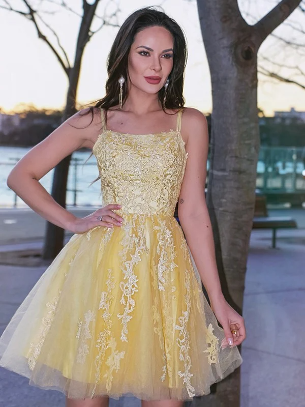 Yellow Appliqued Embroidered Sleeveless Short Evening Dress