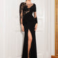 Black Chiffon Bateau Neck Long Sleeve Lace Bodycon Formal Dress