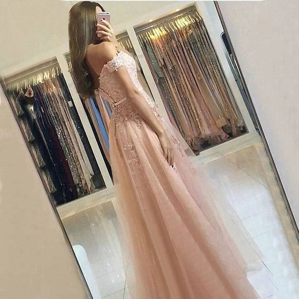 Ivory Pink Off Shoulder Embroidered Evening Dress