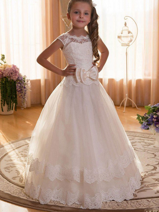 White Lace Jewel Neck Sleeveless Kids Wedding Dress