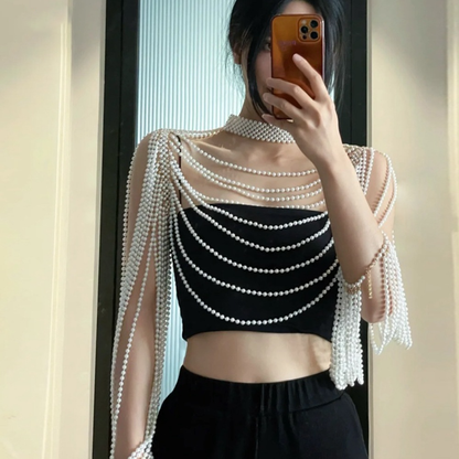 Luxury Pearl Beaded Shawl With Sleeves