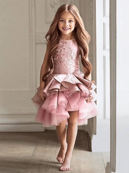 A-Line Pink Lace Appliqued Sleeveless Kids Party Dress