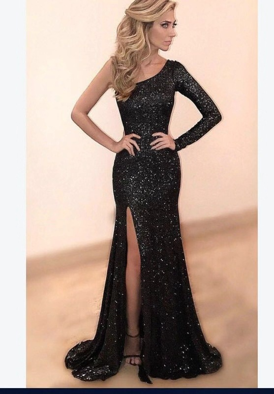 Black Sequin One Shoulder Evening Dress