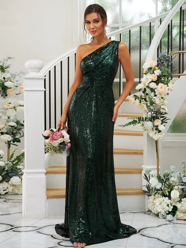 Sequin Oblique Shoulder Sleeveless Maxi Bridesmaid Dress