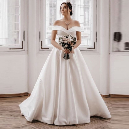 White Simple Off-Shoulder Wedding Dress