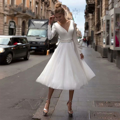 White V Neck Full Sleeves Short Evening Dress