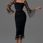 Black Mesh Trumpet Sleeves Square Neck Evening Dress