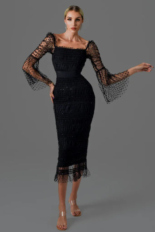 Black Mesh Trumpet Sleeves Square Neck Evening Dress