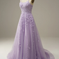 Appliqued Purple Tulle Long Prom Dress