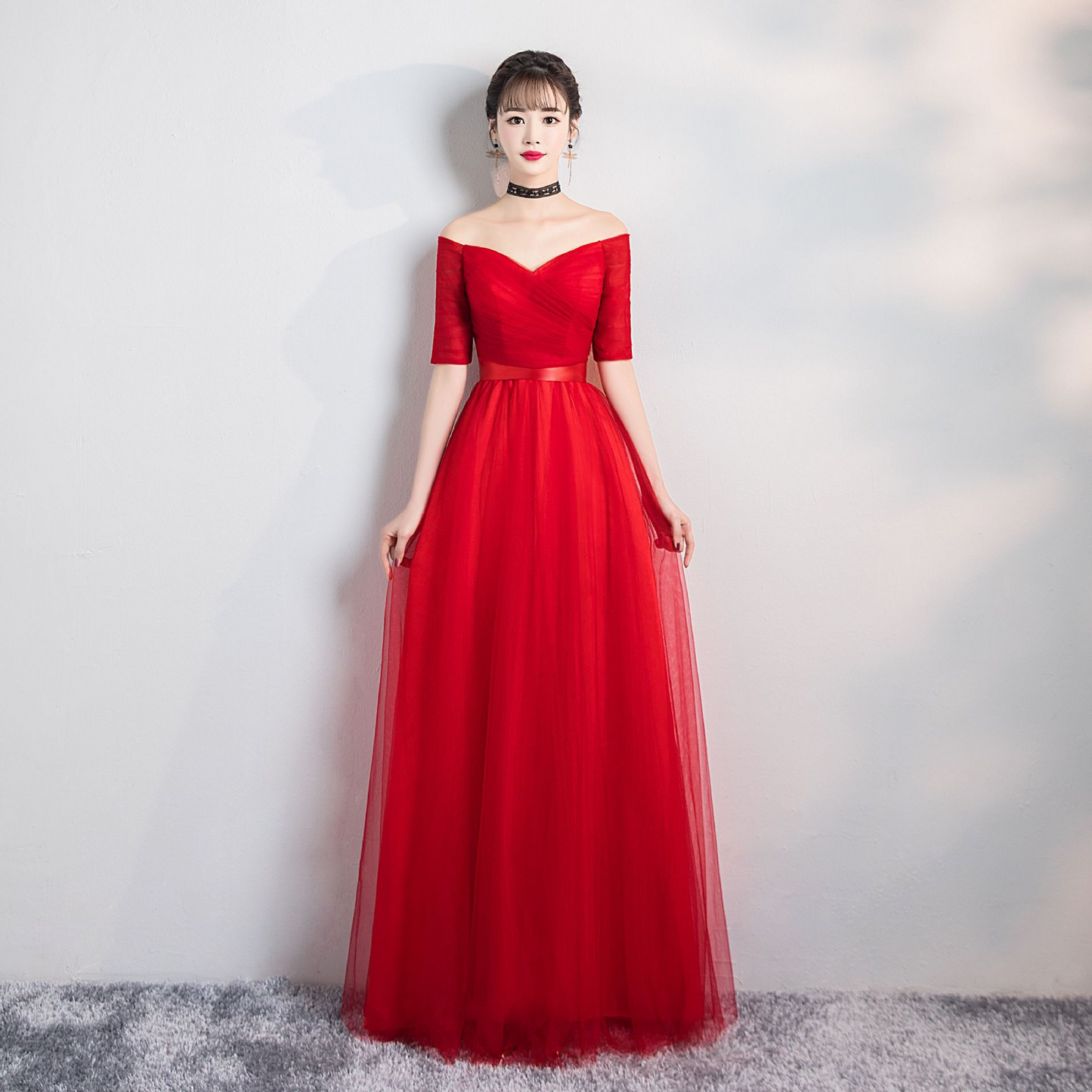 Off-Shoulder Short Sleeves Long Evening Dress