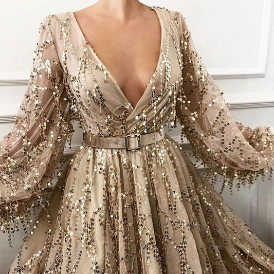 Sequin Deep V Neck Full Sleeves Long Evening Slit Dress