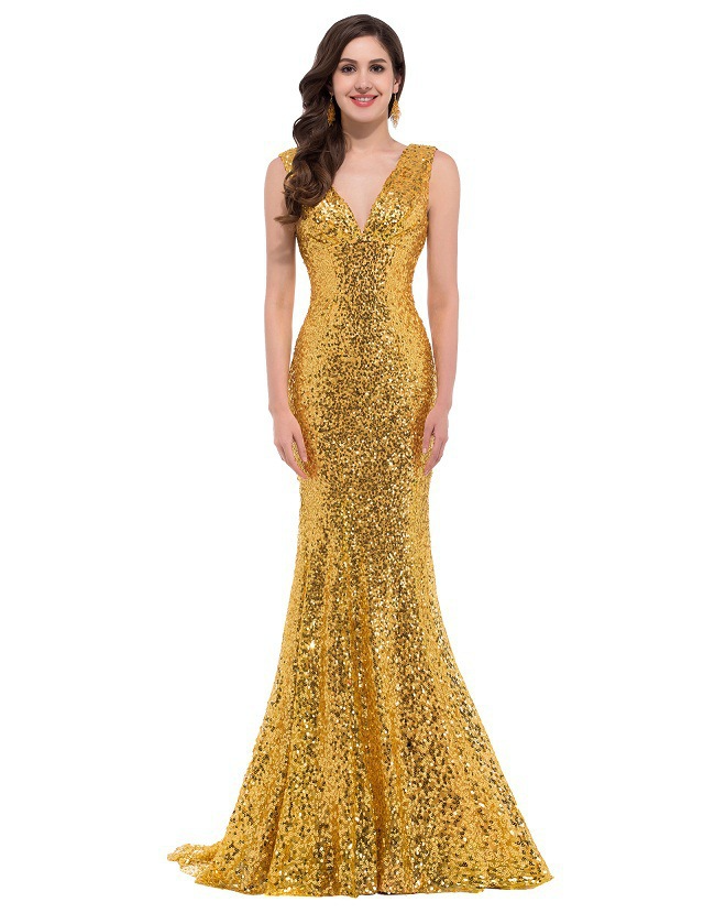 Sequin Deep V Neck Sleeveless Mermaid Evening Dress