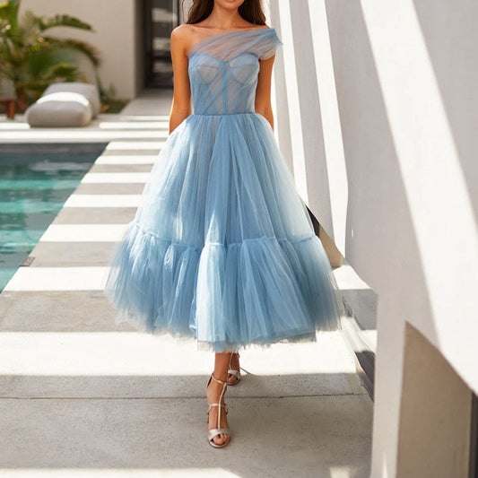 One Shoulder Mesh Pleated Evening Dress